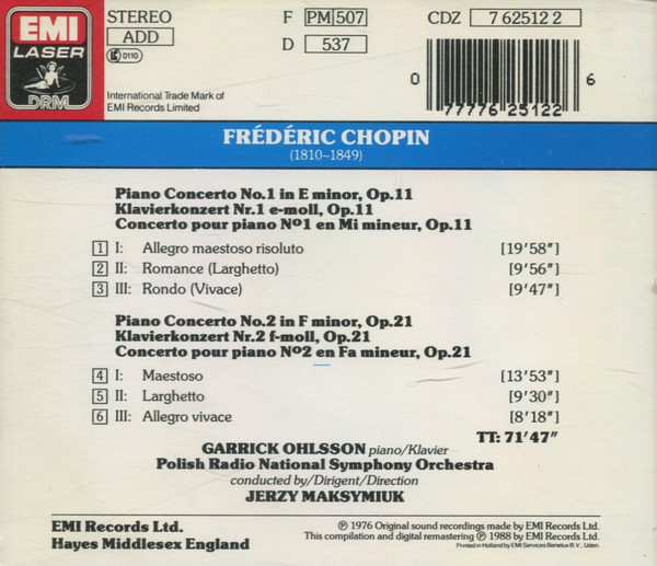 Frédéric Chopin, Garrick Ohlsson, Jerzy Maksymiuk - Piano Concertos Nos. 1 & 2 (CD, Album, RE) (Near Mint (NM or M-)) - Image 2