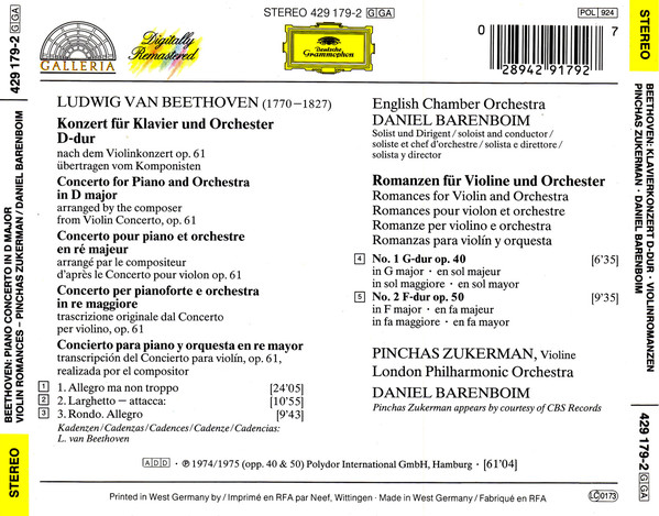 Ludwig van Beethoven, Pinchas Zukerman, Daniel Barenboim - Piano Concerto In D Major / Violin Romances (CD, Comp, RM) (Near Mint (NM or M-)) - Image 2