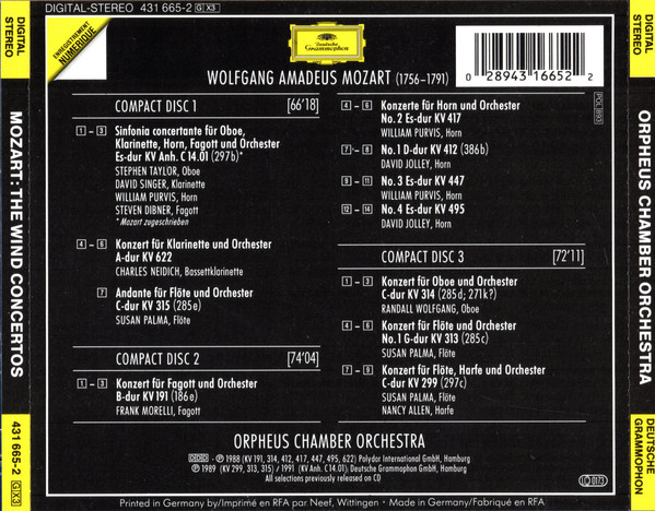 Wolfgang Amadeus Mozart - Orpheus Chamber Orchestra - Die Bläserkonzerte = The Wind Concertos = Les Concertos Pour Instruments À Vent (3xCD, Comp) (Near Mint (NM or M-)) - Image 2