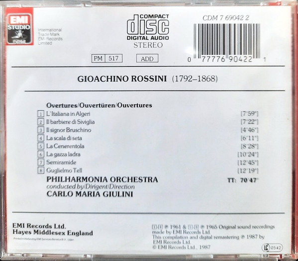 Gioacchino Rossini – Philharmonia Orchestra, Carlo Maria Giulini - Overtures · Ouvertüren: L’Italiana In Algeri · Il Barbiere Di Siviglia · Il Signor Bruschino · La Scala Di Seta · La Cenerentola · La Gazza Ladra · Semiramide · Guglielmo Tell (CD, Comp, RM) (Near Mint (NM or M-)) - Image 2