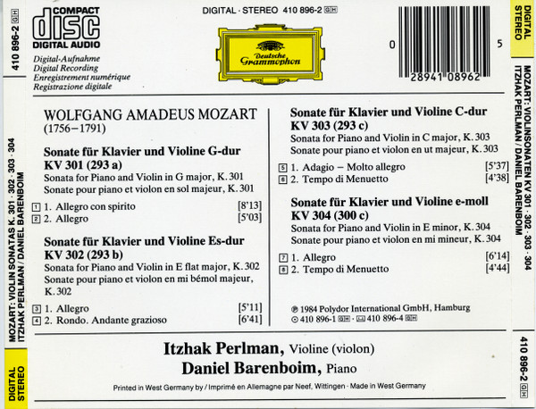 Wolfgang Amadeus Mozart - Itzhak Perlman · Daniel Barenboim - Violin Sonatas = Violinsonaten = Sonates Pour Violon K. 301 302 303 304 (CD) (Very Good Plus (VG+)) - Image 2