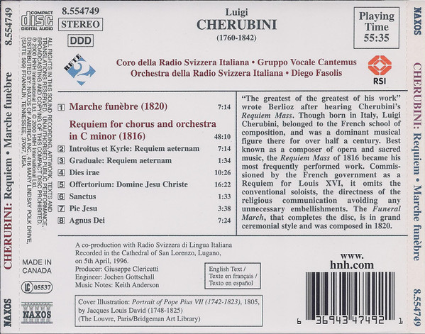 Luigi Cherubini - Coro Della Radio Televisione Della Svizzera Italiana, Gruppo Vocale Cantemus, Orchestra Della Radio Televisione Della Svizzera Italiana, Diego Fasolis - Requiem • Marche Funèbre (CD, Album) (Near Mint (NM or M-)) - Image 2