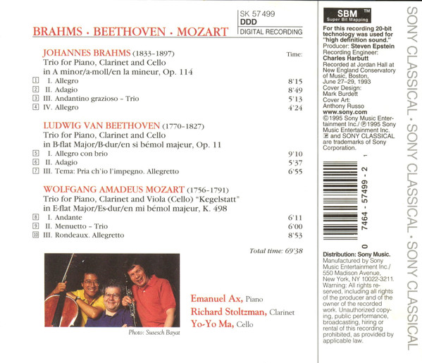 Emanuel Ax, Richard Stoltzman, Yo-Yo Ma - Johannes Brahms, Ludwig van Beethoven, Wolfgang Amadeus Mozart - Trios For Piano, Clarinet & Cello (CD, Album) (Mint (M)) - Image 2