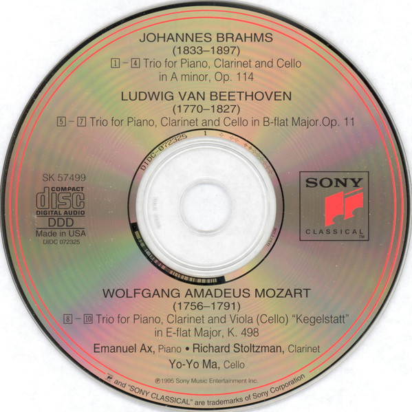 Emanuel Ax, Richard Stoltzman, Yo-Yo Ma - Johannes Brahms, Ludwig van Beethoven, Wolfgang Amadeus Mozart - Trios For Piano, Clarinet & Cello (CD, Album) (Mint (M)) - Image 3