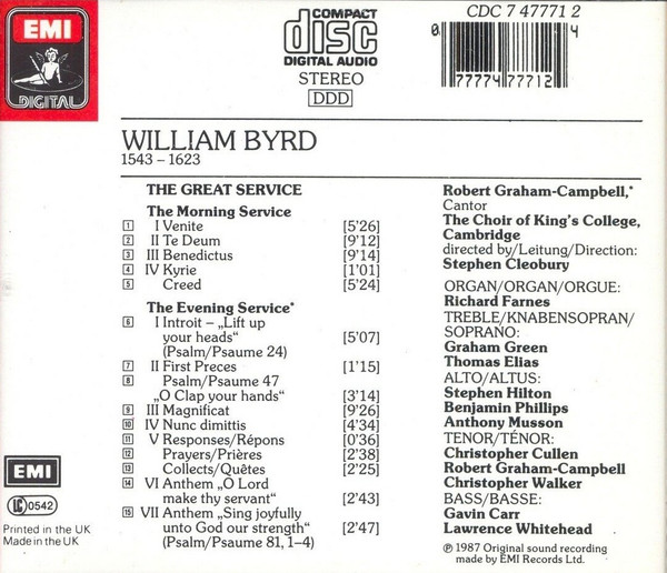 William Byrd - The King's College Choir Of Cambridge, Stephen Cleobury - The Great Service (CD) (Near Mint (NM or M-)) - Image 2