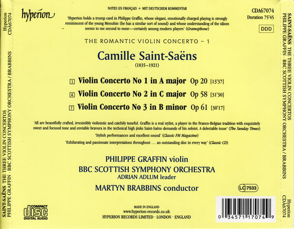 Camille Saint-Saëns – Philippe Graffin, BBC Scottish Symphony Orchestra, Martyn Brabbins - The Three Violin Concertos (CD, Album, RE) (Near Mint (NM or M-)) - Image 2