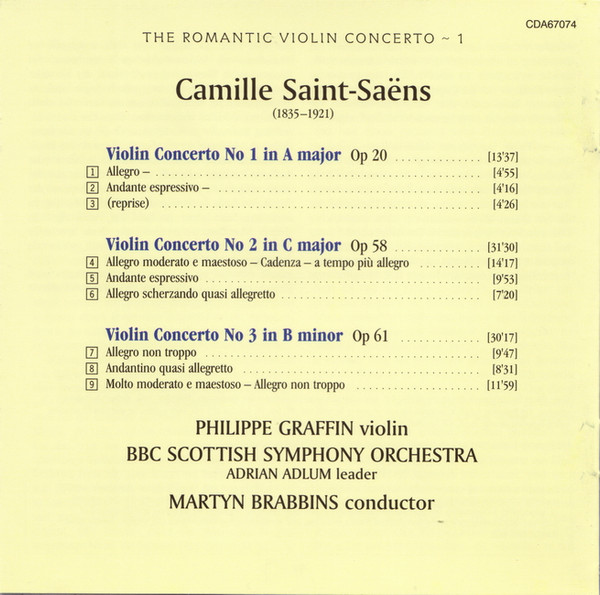 Camille Saint-Saëns – Philippe Graffin, BBC Scottish Symphony Orchestra, Martyn Brabbins - The Three Violin Concertos (CD, Album, RE) (Near Mint (NM or M-)) - Image 5