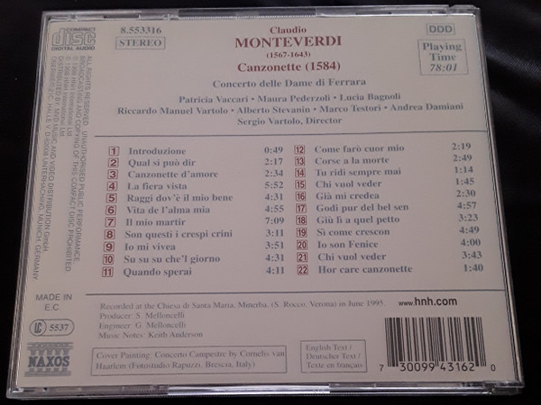 Claudio Monteverdi - Canzonette (1584) (CD, Album) (Near Mint (NM or M-)) - Image 2