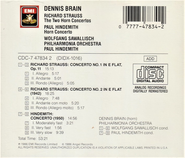 Dennis Brain, Wolfgang Sawallisch, Philharmonia Orchestra – Richard Strauss / Paul Hindemith - The Two Horn Concertos / Horn Concerto (CD, Album, Mono, RE, RM) (Near Mint (NM or M-)) - Image 2