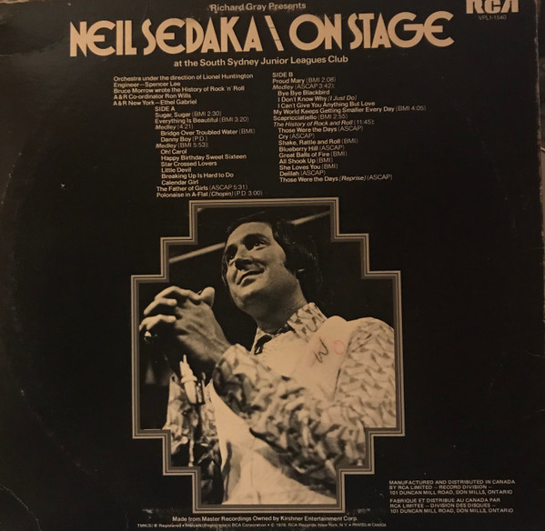 Neil Sedaka - Sedaka Live In Australia (LP, Album, Dyn) (Mint (M)) - Image 2