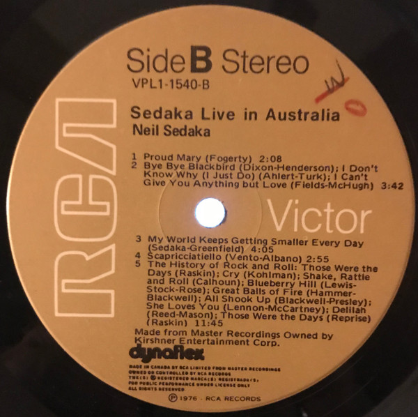 Neil Sedaka - Sedaka Live In Australia (LP, Album, Dyn) (Mint (M)) - Image 4