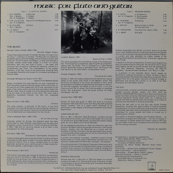 Andrew Creaghan, Jonathan Bayley, The Bayley/Creaghan Duo - Music For Flute And Guitar (LP) (Mint (M)) - Image 2
