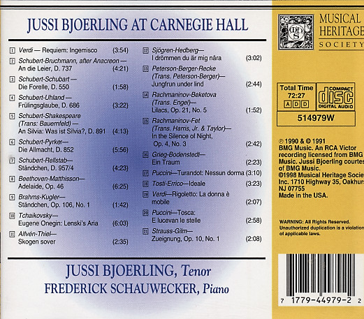 Various, Jussi Björling, Frederick Schauwecker - Jussi Bjoerling At Carnegie Hall (CD, Album, RE) (Near Mint (NM or M-)) - Image 2