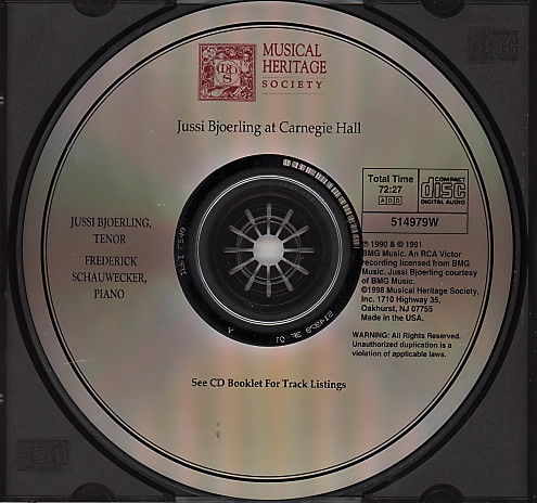 Various, Jussi Björling, Frederick Schauwecker - Jussi Bjoerling At Carnegie Hall (CD, Album, RE) (Near Mint (NM or M-)) - Image 3