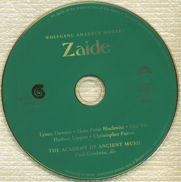 Wolfgang Amadeus Mozart - Lynne Dawson, Hans Peter Blochwitz, Olaf Bär, Herbert Lippert, Christopher Purves, The Academy Of Ancient Music, Paul Goodwin (2) - Zaide K. 344 (336b) (CD) (Near Mint (NM or M-)) - Image 3