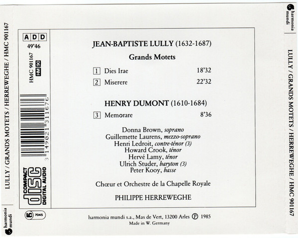 Jean-Baptiste Lully, Philippe Herreweghe - Grands Motets (CD) (Near Mint (NM or M-)) - Image 2