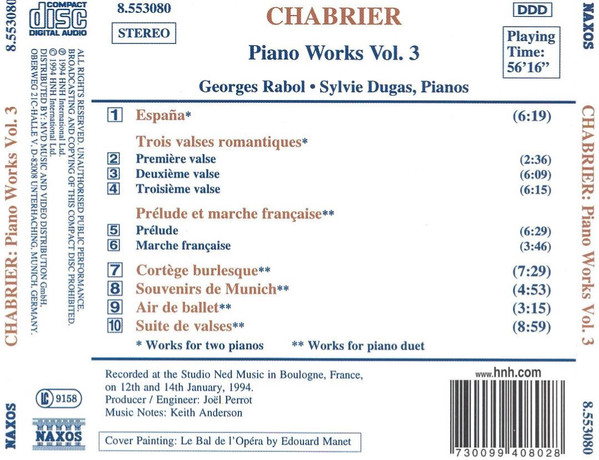 Emmanuel Chabrier, Georges Rabol, Sylvie Dugas - Piano Works Vol. 3 (CD) (Near Mint (NM or M-)) - Image 2
