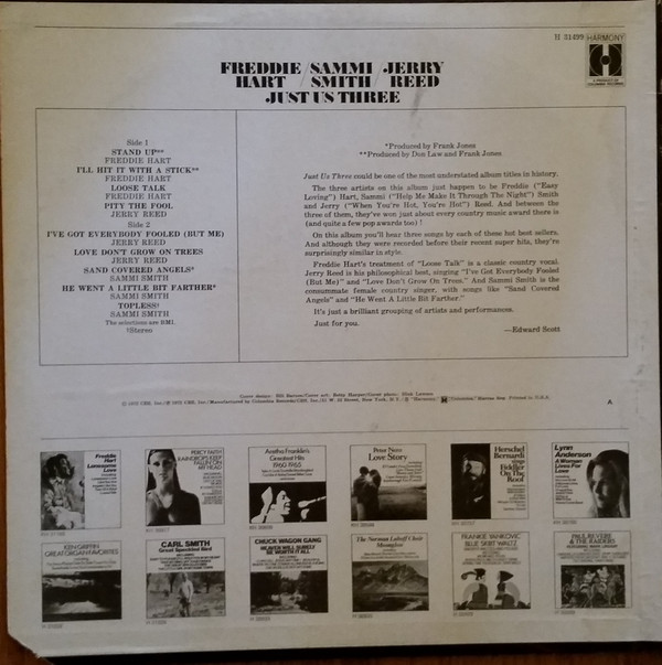 Freddie Hart / Sammi Smith / Jerry Reed - Just Us Three (LP, Comp) (Mint (M)) - Image 2