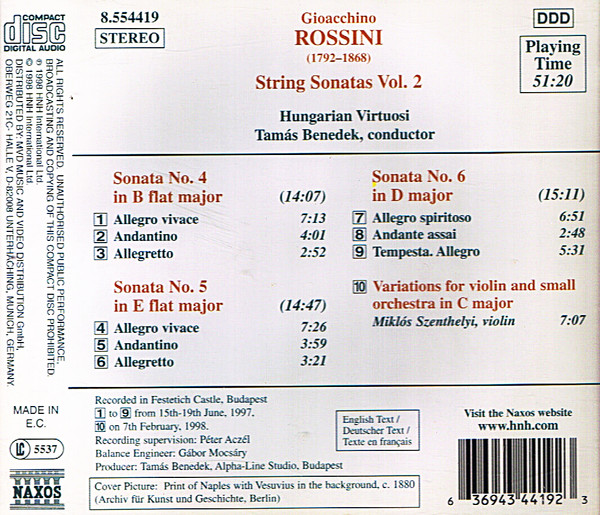 Gioacchino Rossini – Hungarian Virtuosi, Tamás Benedek - String Sonatas Nos. 4, 5 And 6 (CD, Album) (Near Mint (NM or M-)) - Image 2