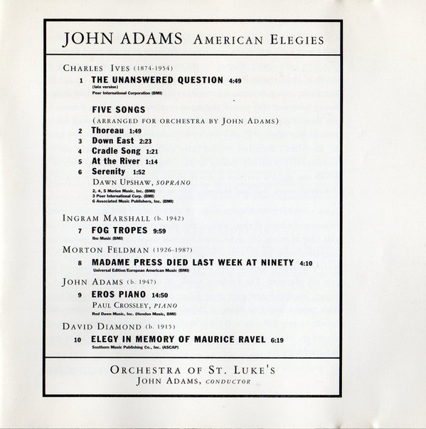 John Adams Conducts Orchestra Of St. Luke's With Dawn Upshaw, Paul Crossley (2) - American Elegies (CD, Album) (Near Mint (NM or M-)) - Image 2