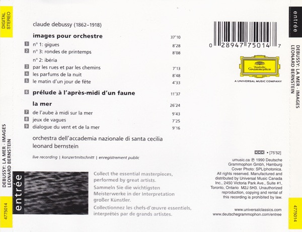 Claude Debussy, Leonard Bernstein, Orchestra dell'Accademia Nazionale di Santa Cecilia - La Mer - Prélude À L'Après Midi D'Un Faune (CD, Album, RE) (Near Mint (NM or M-)) - Image 2