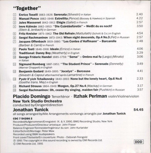Placido Domingo & Itzhak Perlman - Together (CD, Album) (Near Mint (NM or M-)) - Image 2