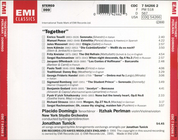 Placido Domingo & Itzhak Perlman - Together (CD, Album) (Near Mint (NM or M-)) - Image 3