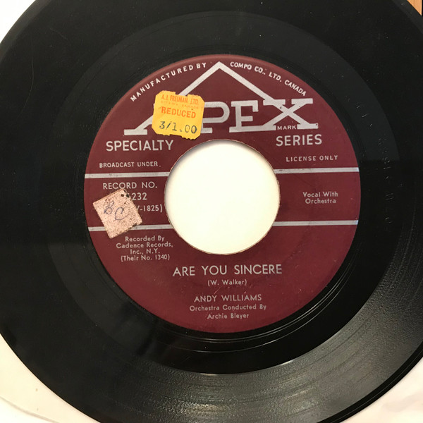 Andy Williams - Are You Sincere (7", Single) (Near Mint (NM or M-)) - Image 2
