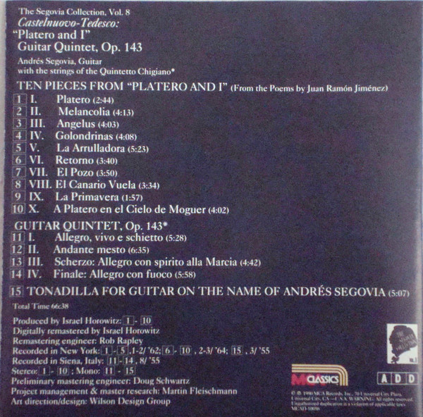 Andrés Segovia - The Segovia Collection Vol. 8: Platero And I And Other Works By Castelnuovo-Tesdesco (CD, Comp) (Near Mint (NM or M-)) - Image 2