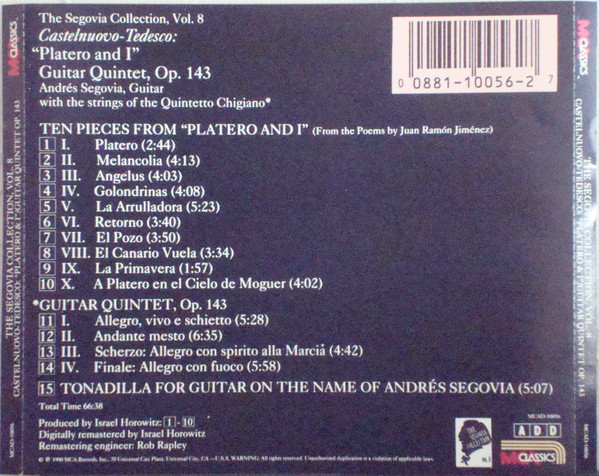 Andrés Segovia - The Segovia Collection Vol. 8: Platero And I And Other Works By Castelnuovo-Tesdesco (CD, Comp) (Near Mint (NM or M-)) - Image 4