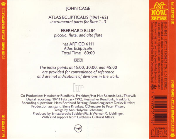 John Cage, Eberhard Blum - Atlas Eclipticalis (For Three Flutes) (CD, Album) (Near Mint (NM or M-)) - Image 2