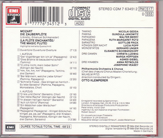 Wolfgang Amadeus Mozart - Gundula Janowitz ‧ Nicolai Gedda ‧ Lucia Popp ‧ Walter Berry ‧ Gottlob Frick ‧ Philharmonia Orchestra And Philharmonia Chorus, Otto Klemperer - Die Zauberflöte (Querschnitt) (CD, Album, RE, RM) (Near Mint (NM or M-)) - Image 2