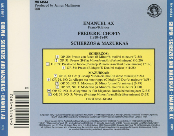 Emanuel Ax, Frédéric Chopin - Scherzos & Mazurkas (CD, Album) (Near Mint (NM or M-)) - Image 2