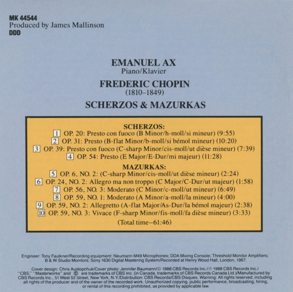 Emanuel Ax, Frédéric Chopin - Scherzos & Mazurkas (CD, Album) (Near Mint (NM or M-)) - Image 4