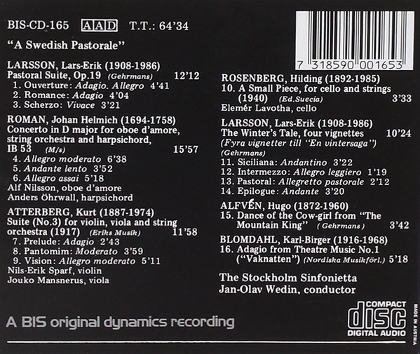 Lars-Erik Larsson, Johan Helmich Roman, Kurt Atterberg, Hilding Rosenberg, Hugo Alfvén, Karl-Birger Blomdahl, Stockholm Sinfonietta, Jan-Olav Wedin, Alf Nilsson, Nils-Erik Sparf, Jouko Mansnerus, Elemér Lavotha - A Swedish Pastorale - A Winter's Tale; Concerto For Oboe D'Amore; Suite No. 3; Piece For Cello & Strings (CD, Album) (Near Mint (NM or M-)) - Image 2