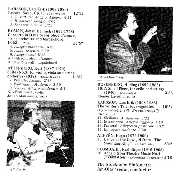 Lars-Erik Larsson, Johan Helmich Roman, Kurt Atterberg, Hilding Rosenberg, Hugo Alfvén, Karl-Birger Blomdahl, Stockholm Sinfonietta, Jan-Olav Wedin, Alf Nilsson, Nils-Erik Sparf, Jouko Mansnerus, Elemér Lavotha - A Swedish Pastorale - A Winter's Tale; Concerto For Oboe D'Amore; Suite No. 3; Piece For Cello & Strings (CD, Album) (Near Mint (NM or M-)) - Image 3