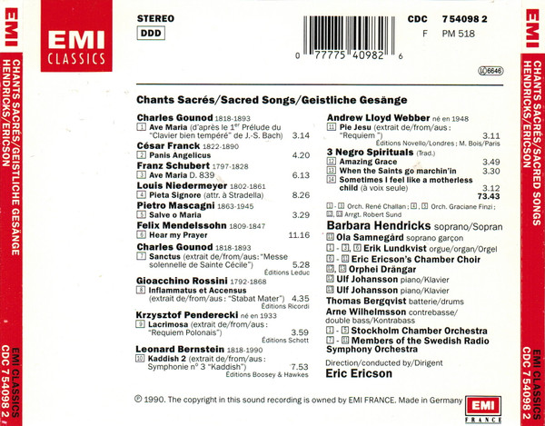 Barbara Hendricks, Eric Ericsons Kammarkör, Orphei Drängar, Snyko, Sveriges Radios Symfoniorkester, Eric Ericson - Chants Sacrés = Sacred Songs = Geistliche Gesänge (CD, Album) (Near Mint (NM or M-)) - Image 2