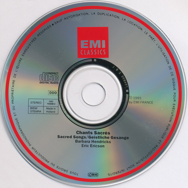 Barbara Hendricks, Eric Ericsons Kammarkör, Orphei Drängar, Snyko, Sveriges Radios Symfoniorkester, Eric Ericson - Chants Sacrés = Sacred Songs = Geistliche Gesänge (CD, Album) (Near Mint (NM or M-)) - Image 3