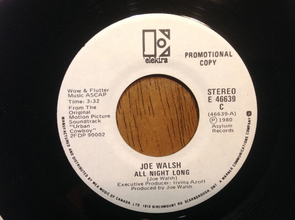 Joe Walsh / Gilley's "Urban Cowboy" Band - All Night Long / Orange Blossom Special / Hoedown (7", Single, Promo) (Near Mint (NM or M-))