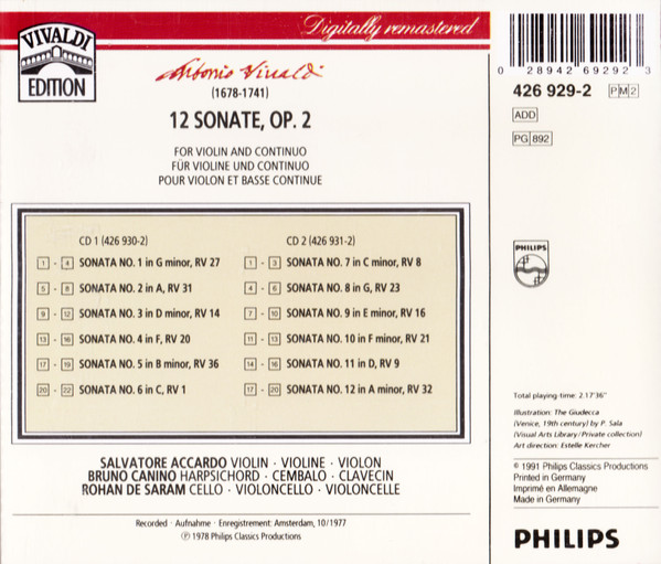 Antonio Vivaldi, Salvatore Accardo, Bruno Canino, Rohan De Saram - 12 Sonate Op. 2 (2xCD, RM) (Near Mint (NM or M-)) - Image 2