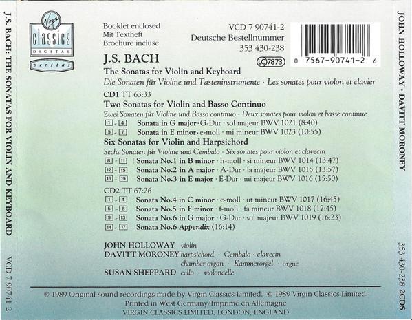 John Holloway, Davitt Moroney - Johann Sebastian Bach - The Sonatas For Violin And Keyboard (2xCD, Album) (Near Mint (NM or M-)) - Image 2