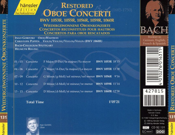 Johann Sebastian Bach, Bachcollegium Stuttgart, Ingo Goritzki, Helmuth Rilling - Restored Oboe Concerti (CD, Album) (Near Mint (NM or M-)) - Image 2