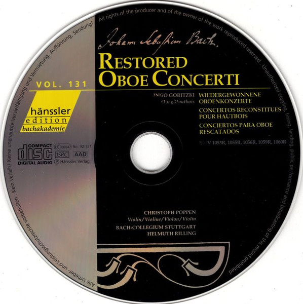Johann Sebastian Bach, Bachcollegium Stuttgart, Ingo Goritzki, Helmuth Rilling - Restored Oboe Concerti (CD, Album) (Near Mint (NM or M-)) - Image 3