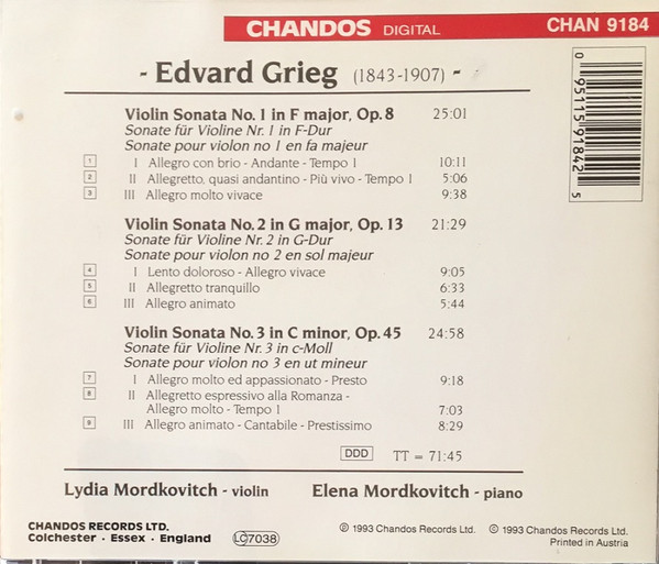 Edvard Grieg, Lydia Mordkovitch, Elena Mordkovitch - The Violin Sonatas (CD) (Mint (M)) - Image 2