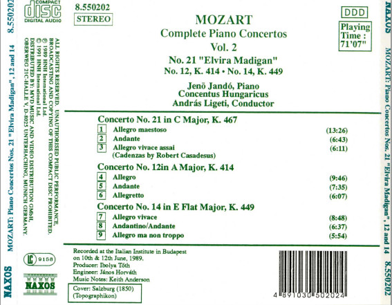 Wolfgang Amadeus Mozart / Jenö Jandó, Concentus Hungaricus, András Ligeti - Complete Piano Concertos Vol. 2 - No. 21 "Elvira Madigan", No. 12, K. 414, No. 14, K. 449 (CD) (Near Mint (NM or M-)) - Image 2