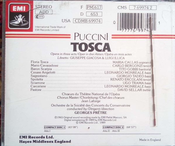Giacomo Puccini / Maria Callas, Carlo Bergonzi, Tito Gobbi, Choeur National De L'Opéra De Paris, Orchestre De La Société Des Concerts Du Conservatoire, Georges Prêtre - Tosca (2xCD, RM) (Near Mint (NM or M-)) - Image 2