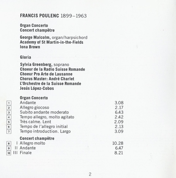 Francis Poulenc, George Malcolm, The Academy Of St. Martin-in-the-Fields, Iona Brown - Organ Concerto • Gloria • Concert Champêtre (CD, Comp, RM) (Mint (M)) - Image 2