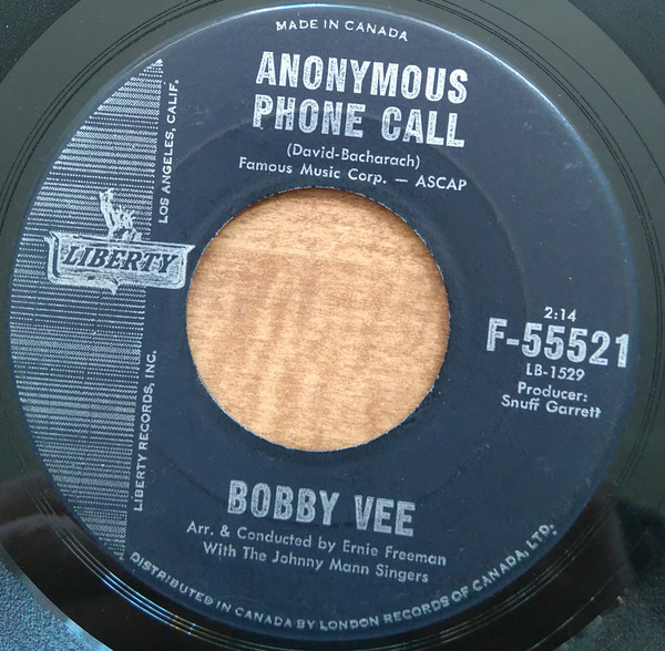 Bobby Vee - The Night Has A Thousand Eyes / Anonymous Phone Call (7") (Very Good Plus (VG+)) - Image 2