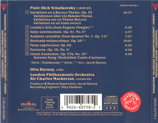 Pyotr Ilyich Tchaikovsky, Ofra Harnoy, London Philharmonic Orchestra, Sir Charles Mackerras - Rococo Variations (Music For Cello & Orchestra) (CD, Album) (Near Mint (NM or M-)) - Image 2