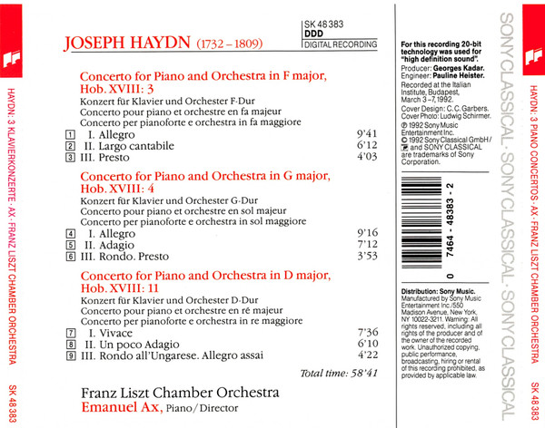 Joseph Haydn - Liszt Ferenc Chamber Orchestra, Emanuel Ax - Piano Concertos (F Major · G Major · D Major) (CD) (Near Mint (NM or M-)) - Image 2